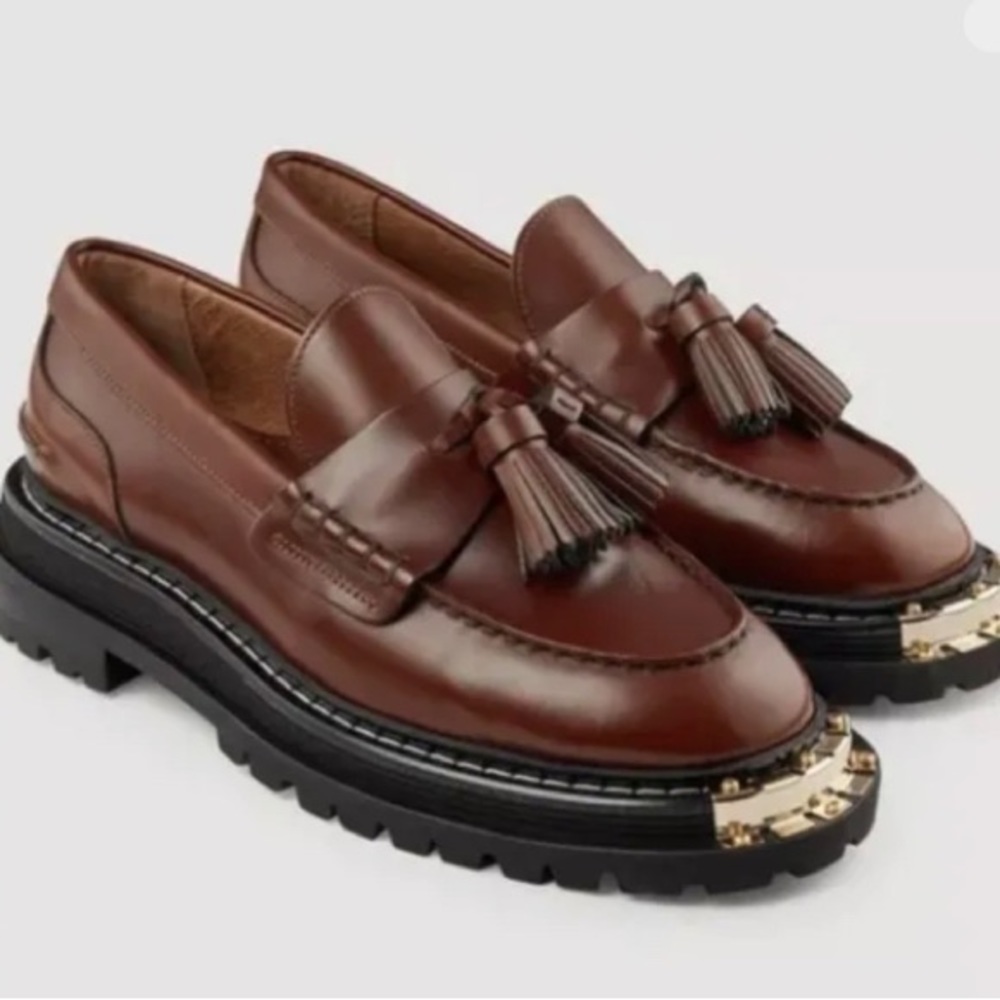 SANDRO Chunky Souled Leather Brown Loafers w/ Tassel Gold Hardware $445 …